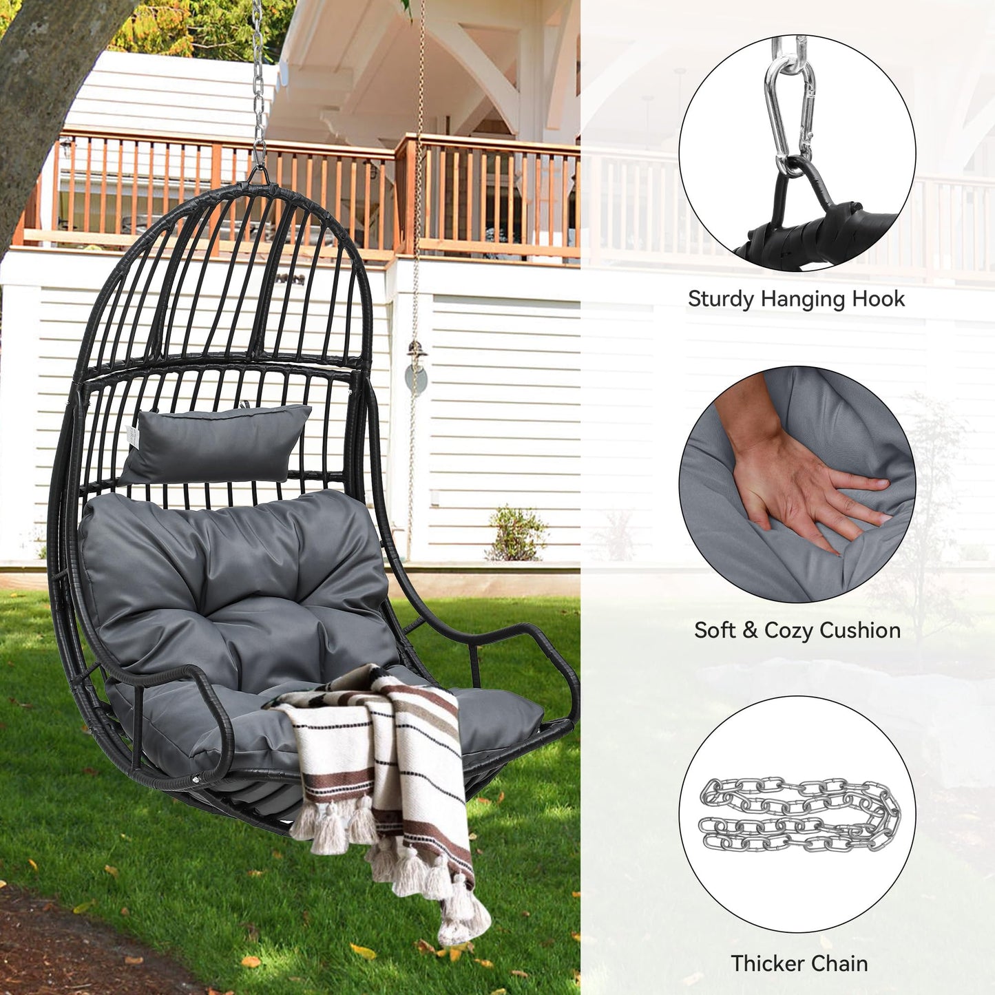 YITAHOME Hanging Egg Swing Chair Egg Chair Wicker Indoor Outdoor Hammock Egg Chair with Cushions 330lbs for Patio, Bedroom, Garden and Balcony, Black(Stand not Included)