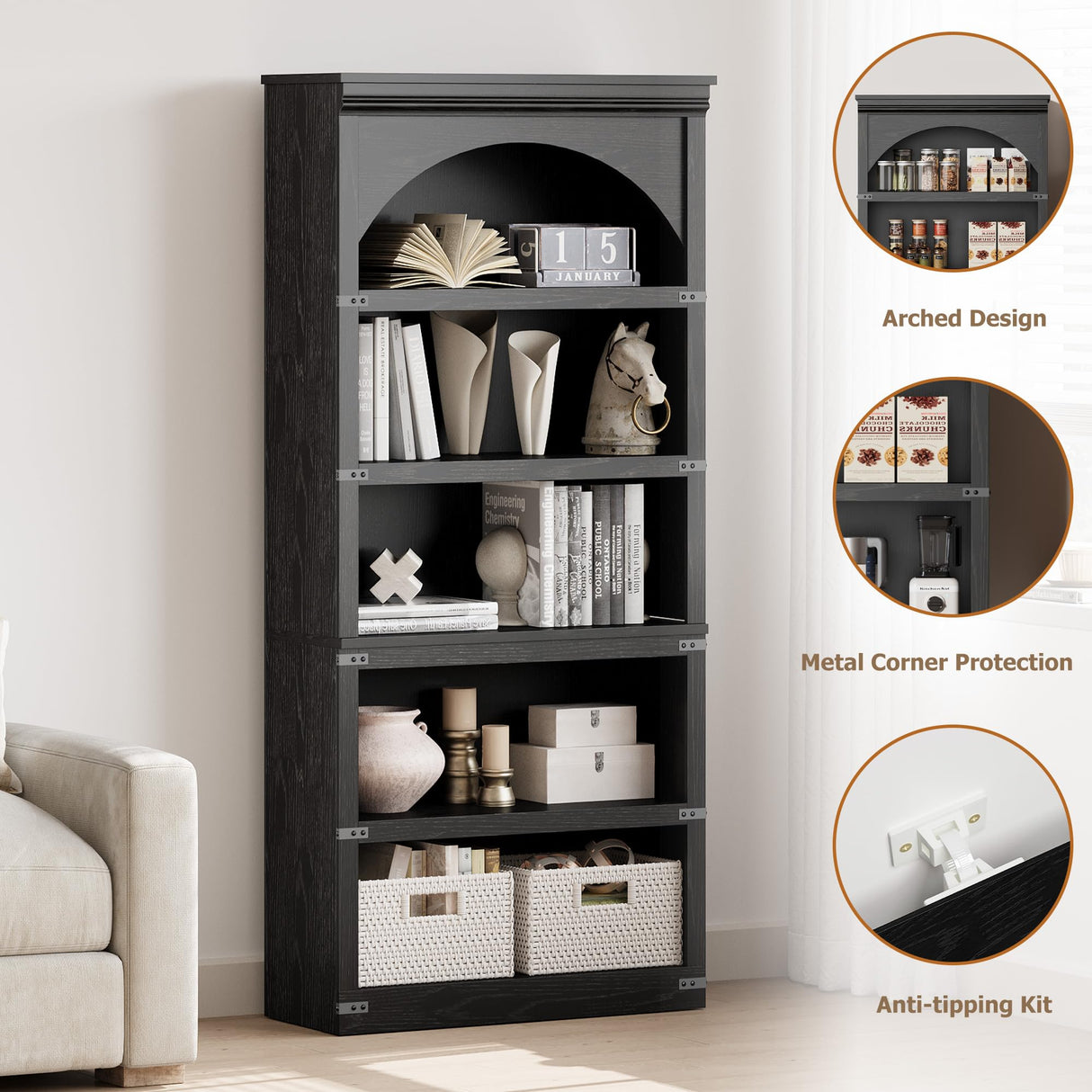 SLEKVERSA Farmhouse Arched Bookcase, 68.7" Tall Bookshelf w/Arche Design, Wooden Arch Bookshelf with Wooden Base, 5 Tier Bookshelves Rustic Vintage Book Shelf for Living Room Office Library (Blcak) SLEKVERSA
