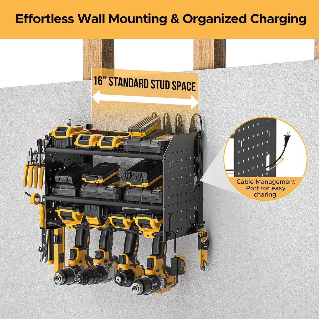 CRST Power Tool Organizer Wall Mount with Charging Station Cordless Drill Holder with 8-Outlet Heavy Duty Power Strip, Modular Garage Organization Storage Rack Shelf,Gift for Men Black CRST