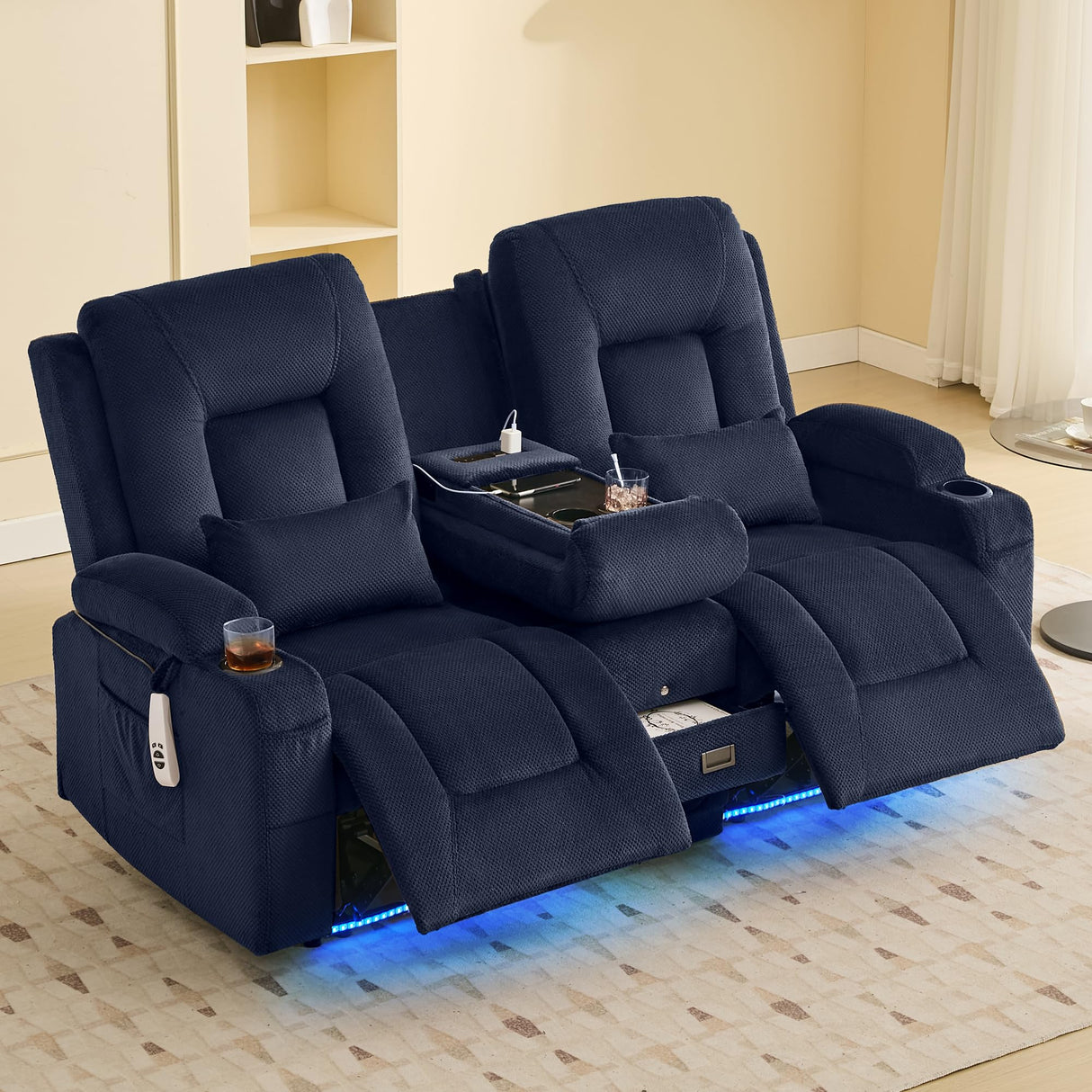 URRED Power Loveseat Recliner Sofa with Flipped Backrest Console, Wall Hugger RV Reclining Loveseat Sofa Couch with LED Light/Bluetooth Speakers/USB/Outlets/Cup Holders/Pillow/Side Pocket, Blue URRED