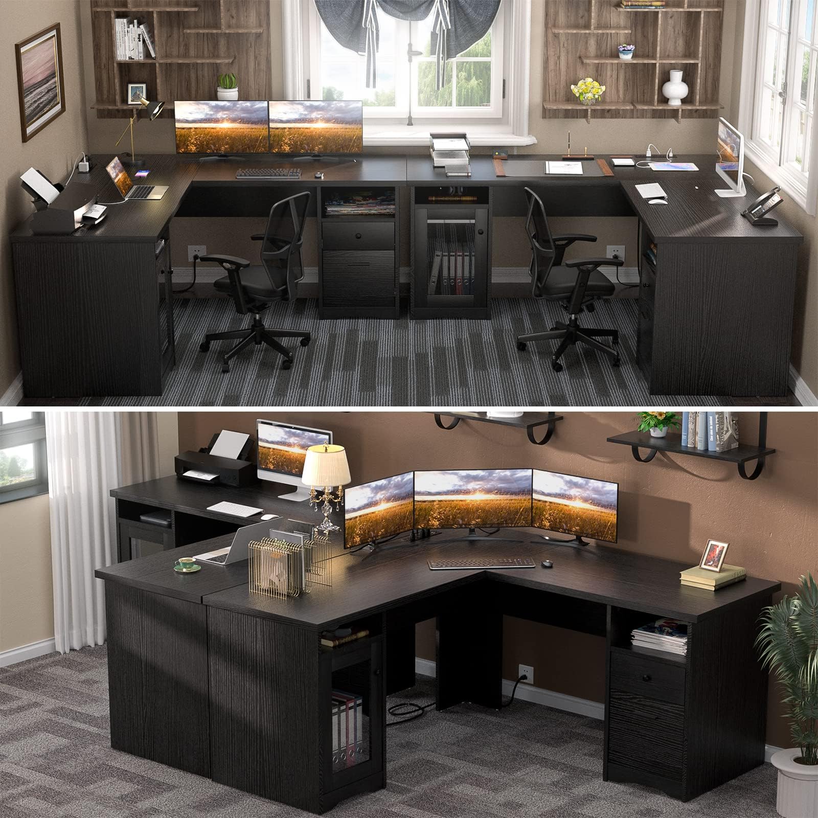 Unikito L Shaped Office Desk with Drawers, 60 Inch Computer Desk with Power Outlet & USB Charging Port, Large Corner Desk with File Cabinets, 2 Person Sturdy Executive Desk with Storage Cabin - WoodArtSupply