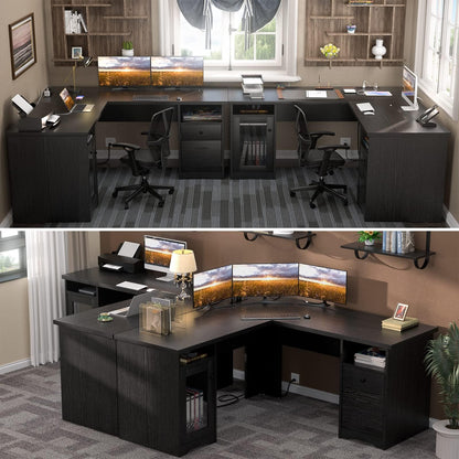 Unikito L Shaped Office Desk with Drawers, 60 Inch Computer Desk with Power Outlet & USB Charging Port, Large Corner Desk with File Cabinets, 2 Person Sturdy Executive Desk with Storage Cabin - WoodArtSupply