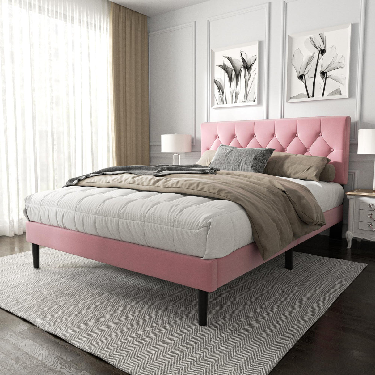 HAOARA Full Size Platform Bed Frame with Upholstered Button Tufted Headboard, Mattress Foundation with Wooden Slat Support, Noise Free, No Box Spring Needed, Easy Assembly, Pink Velvet HAOARA