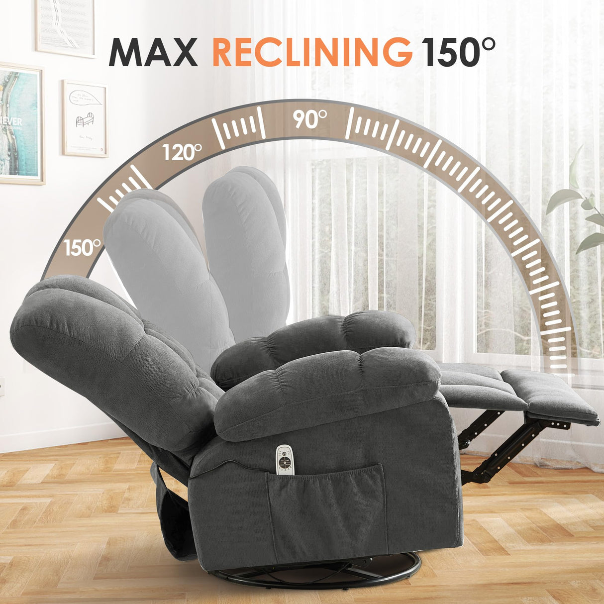 MAHOMICO Swivel Rocker Recliner Chair with Vibration Massage and Heat for Living Room with Rocking Function and Side Pocket, USB Charge Port,Nursery MAHOMICO