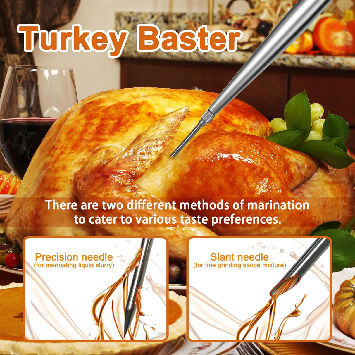 Auzeuner Turkey Baster for Cooking, Turkey Baster Large, Stainless Steel Turkey Baster Syringe, with 2 Marinade Injector Needles and Brush for Cooking, Black Auzeuner