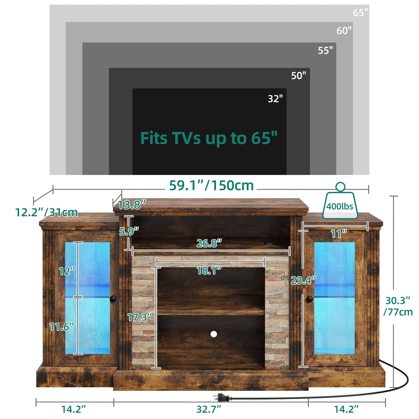 DWVO TV Stand LED Entertainment Center for TVs up to 65 Inch, Farmhouse Console Table Media Furniture with Power Outlet and Glass Doors, Modern TV Cabinet for Living Room, 59 Inch, Retro Brown