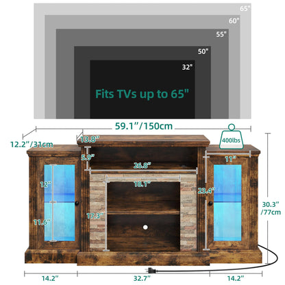 DWVO TV Stand LED Entertainment Center for TVs up to 65 Inch, Farmhouse Console Table Media Furniture with Power Outlet and Glass Doors, Modern TV Cabinet for Living Room, 59 Inch, Retro Brown