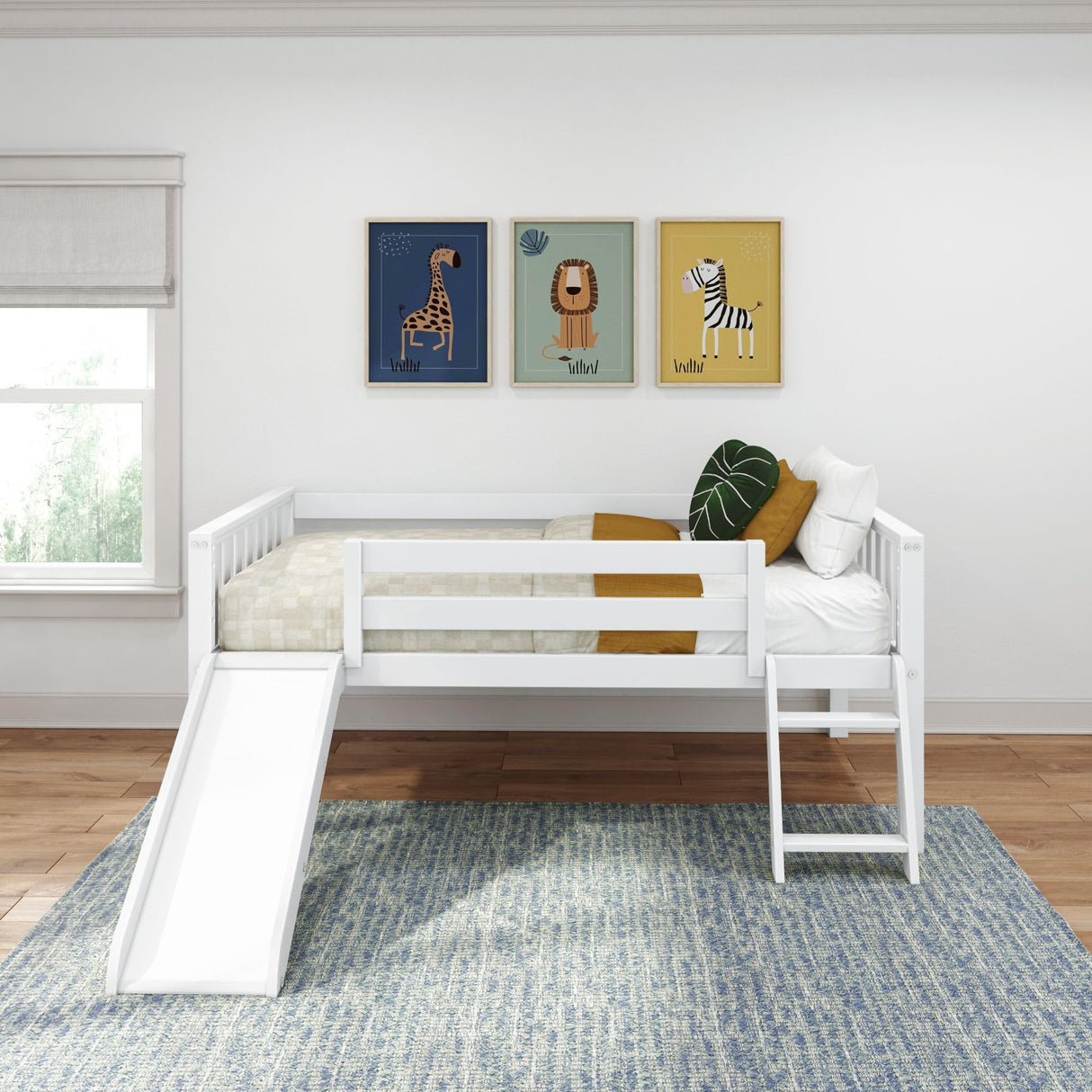 Max & Lily Twin Ultra Low Loft Bed with Slide and Climbing Ladder, Solid Wood Bed for Kids, Space Saving Design for Small Rooms, Twin Size Loft Bed with 14 Inch Guardrails, Anti Slip Steps, White Max & Lily