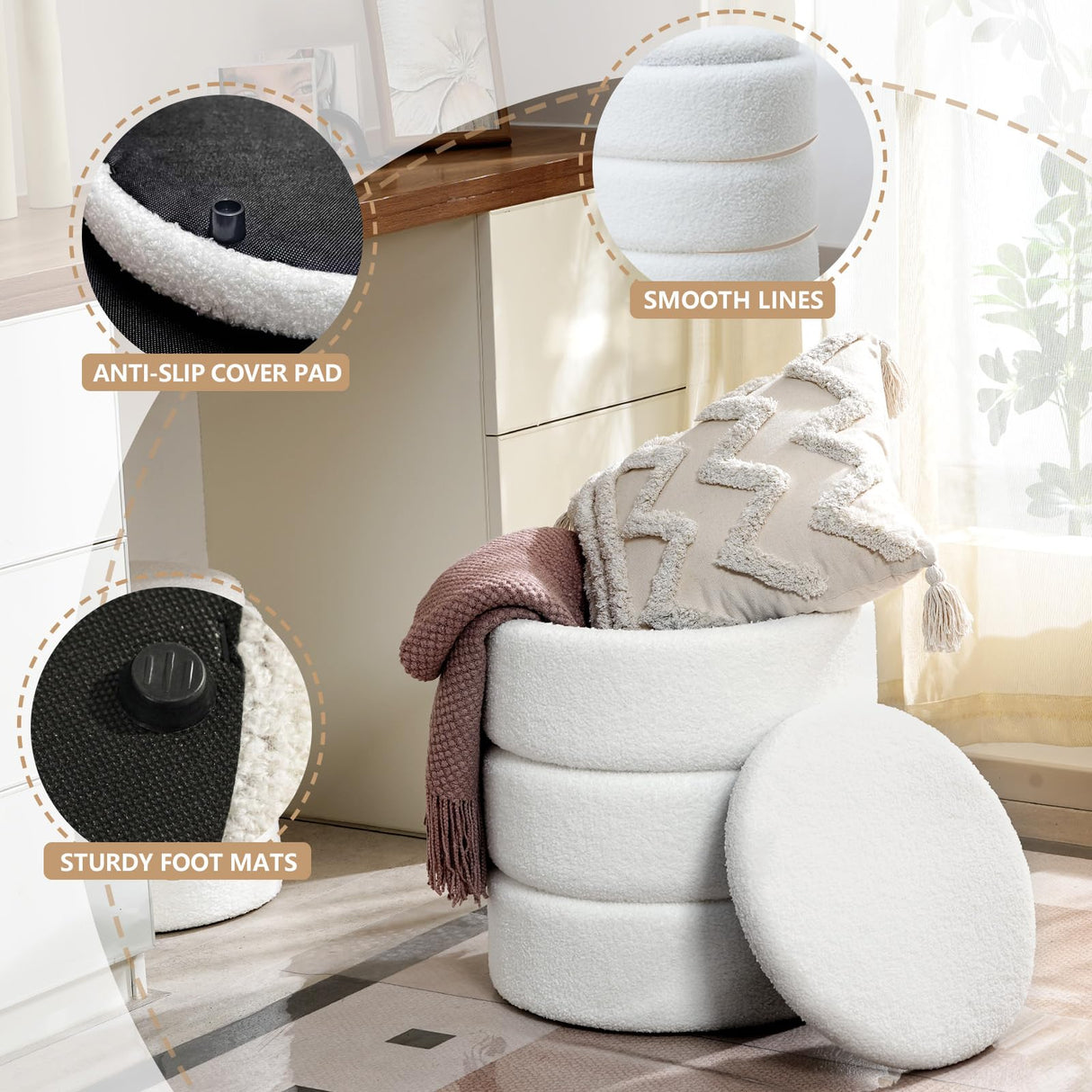 oakvivo Round Ottoman with Storage Set of 2, Soft Teddy Velvet Upholstered Foot Stool Vanity Chairs, Support 330lbs Padded Seat Multifunctional Ottomans Footrest, Foot Rest for Living Room, White oakvivo