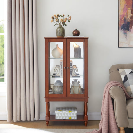 Eyisean Lighted Display Cabinet, 48" H Curio Cabinet with Open Storage Space, Tempered Glass Doors and Acrylic Mirrored Back Panel, Rack for Living Room (Bulb Not Included) (Walnut) Eyisean
