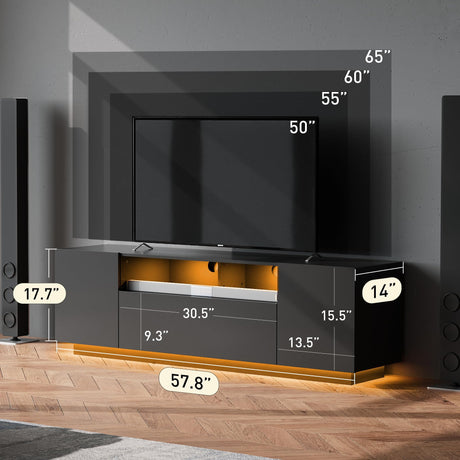 WLIVE TV Stand for 65 Inch TV, Modern Entertainment Center with LED, 58" TV Console with Storage Cabinet, TV Stands for Living Room, Black WLIVE