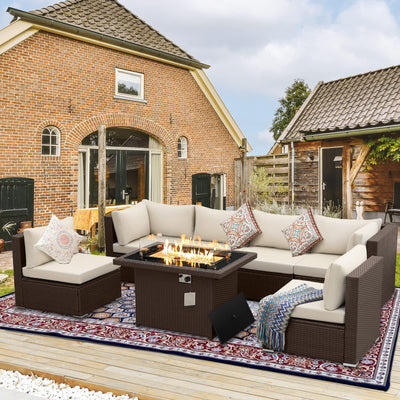 BULEXYARD 7 Pcs High Back Patio Furniture Set with Fire Pit Table Propane/Natural Gas Dual Fuel, All-Weather Outdoor Sectional Couch, Comfy Backyard Seating for Exterior, Brown Wicker & Beige Cushion