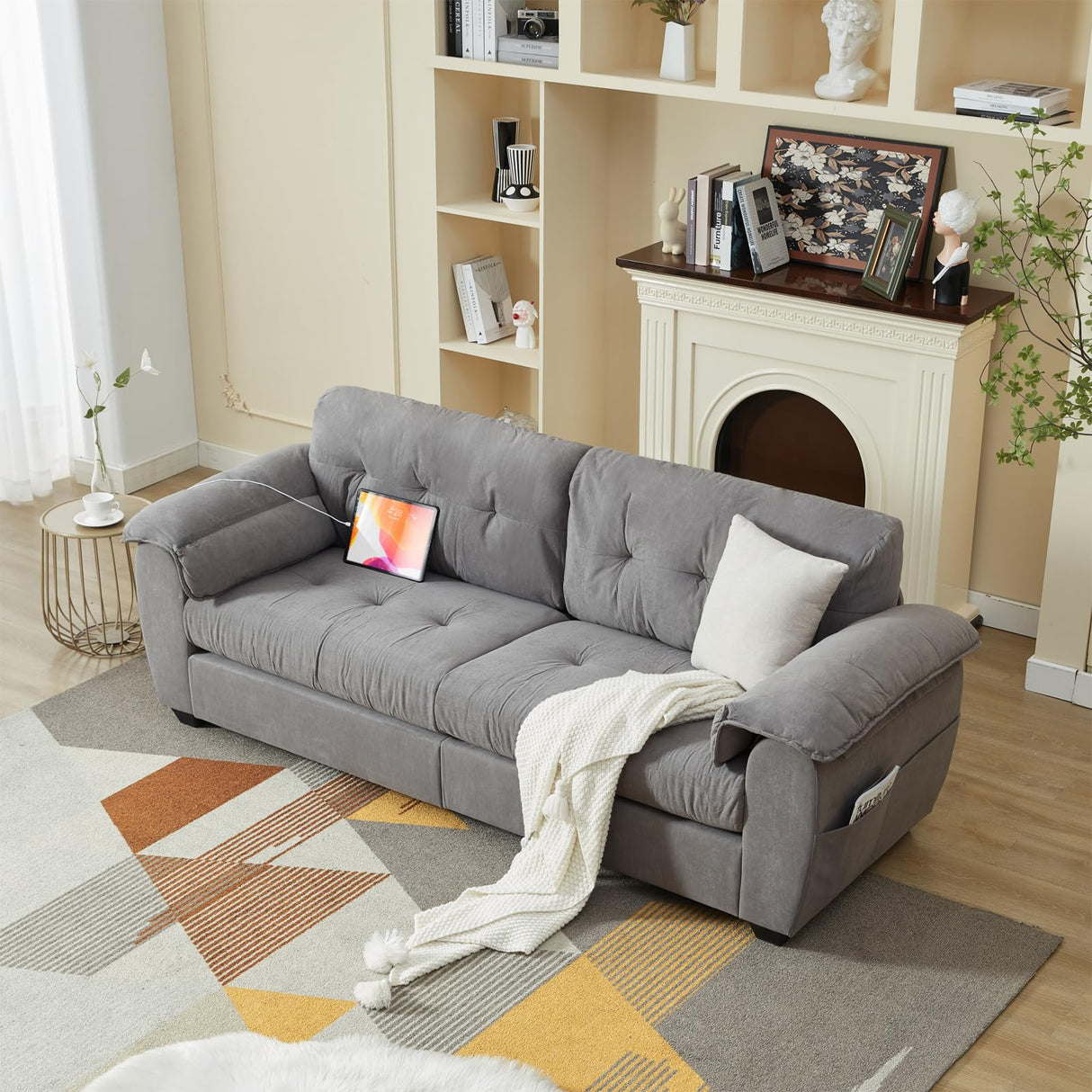 TYBOATLE Sofa Couches for Living Room, Mid-Century Modern Comfy Tufted Upholstered 87" W Loveseat w/ 2 USB Charger & Side Pocket, 2/3 Seater Cloud Couch Sofas for Apartment Bedroom Office (Dark Grey) TYBOATLE