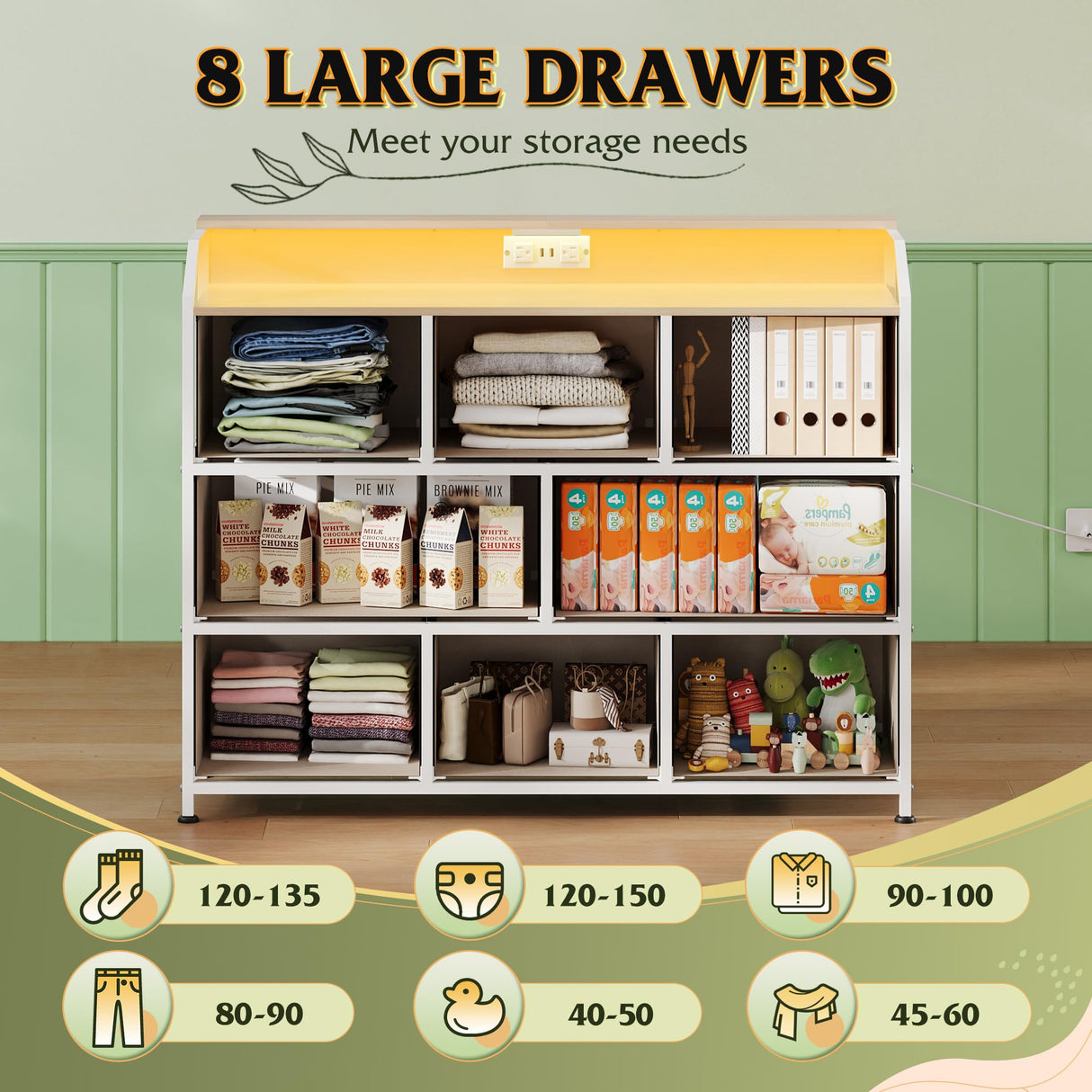 WLIVE Dresser TV Stand with Power Outlets, Led Dresser for Bedroom, Fabric Chest of Drawers with Open Shelves, Wood Top, Steel Frame, 6 Drawer Dressers for Closet, Living Room, Light Grey WLIVE