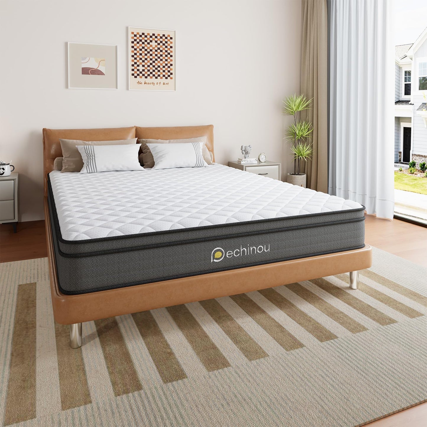 PECHINOU 8 INCH Queen Size Mattress, Queen Mattress with Gel Memory Foam and Spring, Breathable Hybrid Mattress in a Box for a Cool & Peaceful Sleep, Strong Edge & Medium Firm Support, CertiPUR-US