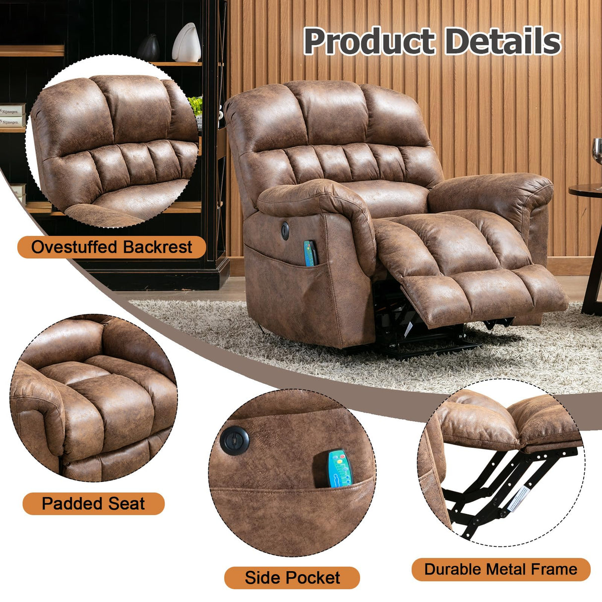 Phoenix Home Large Power Lift Recliner with Massage and Heat for Elderly, Heavy Duty & Safety Motor Reclining Chair, Faux Leather Electric Wider Recliner with USB Ports, 2 Side Pockets, Brown Phoenix Home