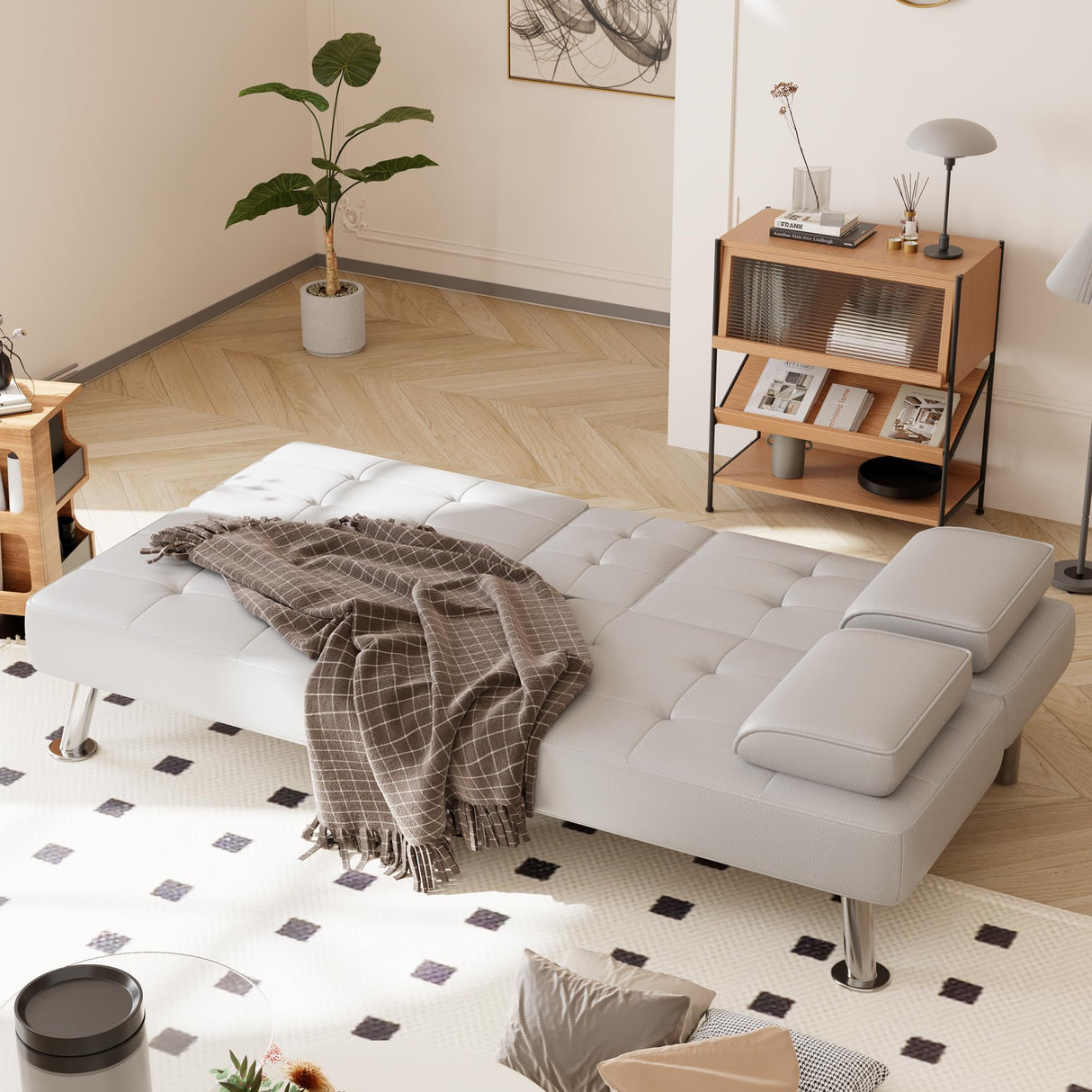 Shahoo Convertible Folding Futon Sofa Bed Sleeper Couch for Living Room Faux Leather Upholstered Loveseat w/Removable Armrests, Metal Legs, 2 Cup Holders, White Shahoo