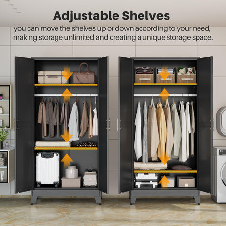 winiowa Metal Armoire Wardrobe Closet with 2 Mirror Doors, 71"' Wardrobe Cabinet with Adjustable Shelves and Hanging Rod, Clothing Storage Cabinet Closet with Mirror for Bedroom-Black winiowa