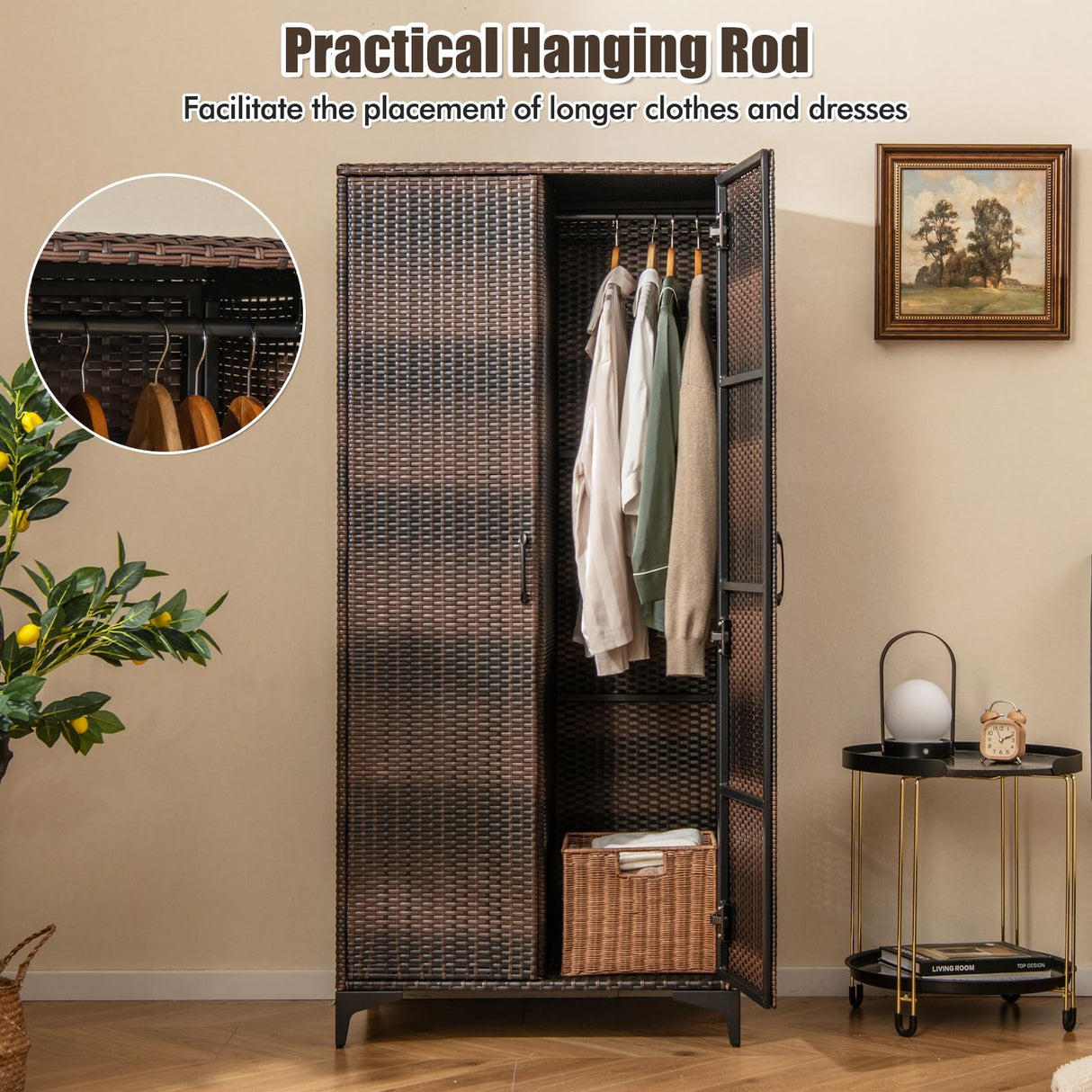 Giantex Wicker Storage Cabinet, 62” Tall Pantry Cabinet with 2 Doors, Hanging Rod, 4 Storage Cubes, Metal Legs, Anti-Tipping Device, PE Rattan Storage Cabinet for Home Office, Garage Cabinets (Brown) Giantex