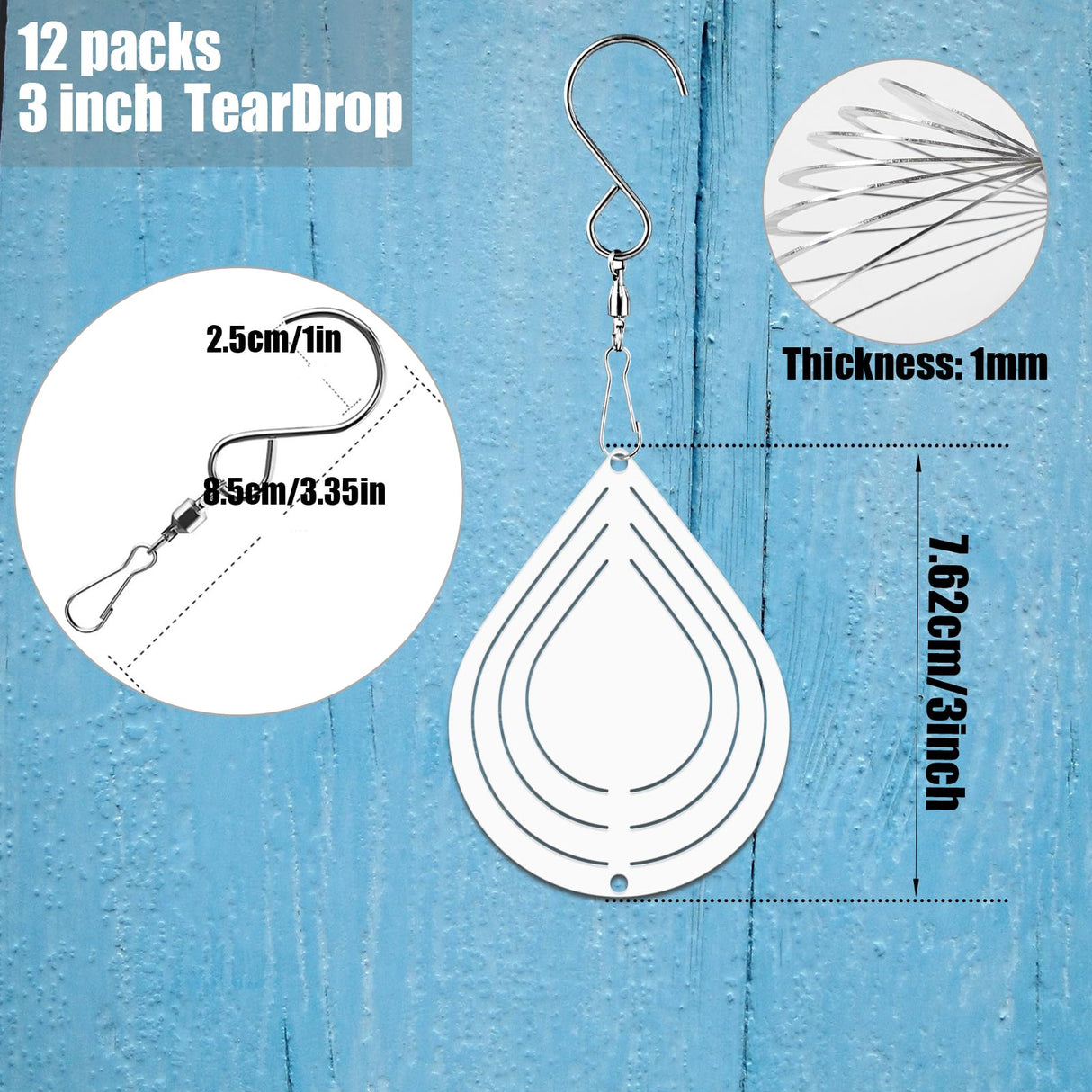 WindMage 12 Pack 3inch Sublimation Wind Spinner Blanks 3D Aluminum Metal Wind Sculpture Kinetic Spinners for Yard Garden Indoor Art Ornaments Xmas Hanging Decoration (Waterdrop) WindMage