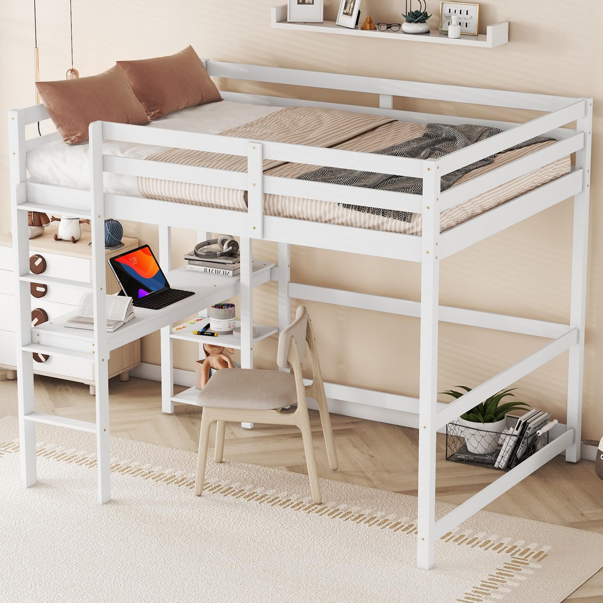 Bellemave White Full Size Loft Bed with Desk and Storage Shelves for Kids - WoodArtSupply