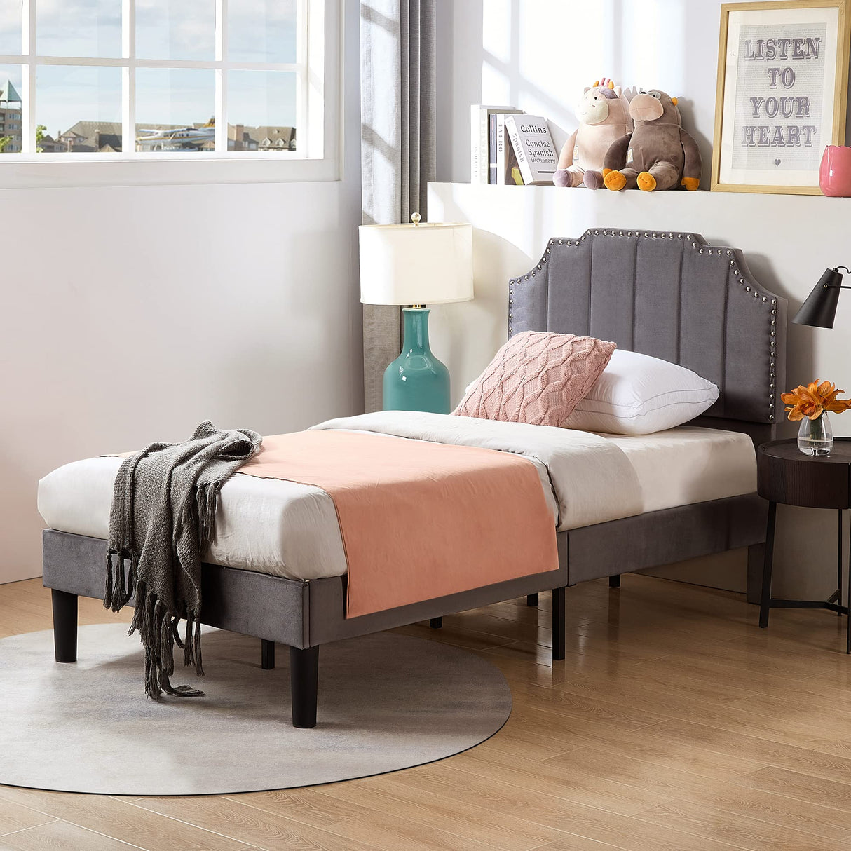 VECELO Twin Upholstered Platform Bed Frame for Kids,Girls,Boys,with Tufted Adjustable Headboard/Mattress Foundation/Wood Slat Support,Easy Assembly,Dark Grey VECELO