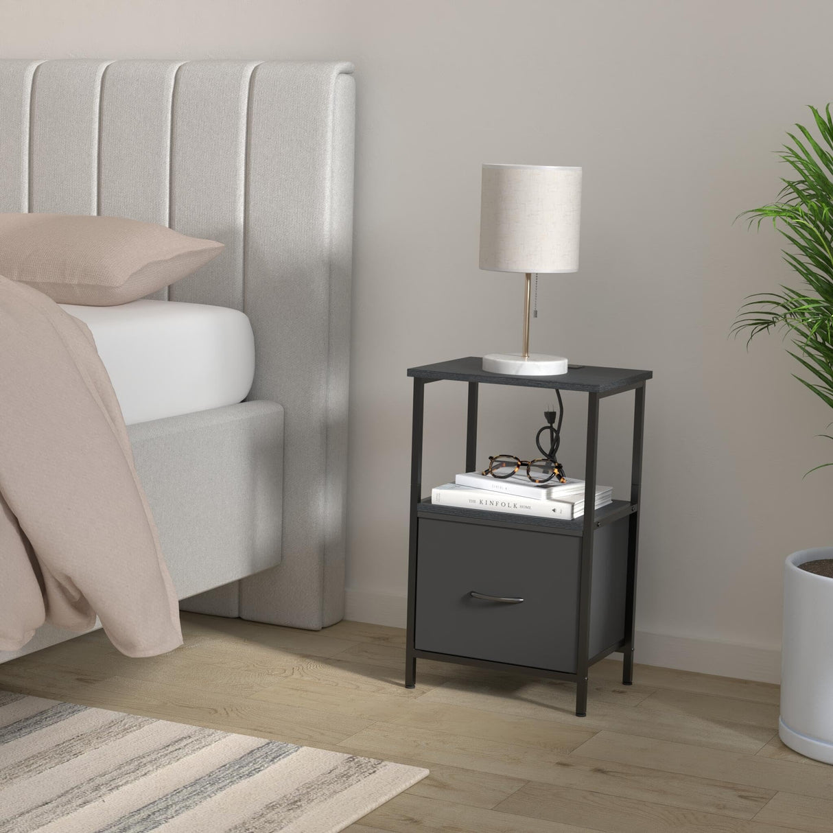 Innerjoin Side Table with Storage, LED Night Stand with A&C Charging Station, End Tables Living Room, Nightstand for Bedroom with Fabric Drawer, Black Innerjoin