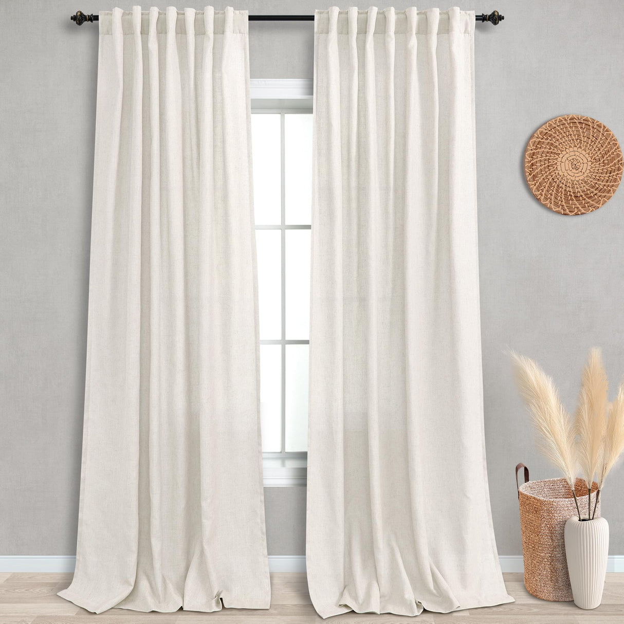 KOUFALL Extra Long 108 Inch Curtains Drapes for Farmhouse Living Room,Linen Sheer Wide Curtain Set for Large Window 2 Panels,52 Inch Width by Size 108 Length,Cream KOUFALL
