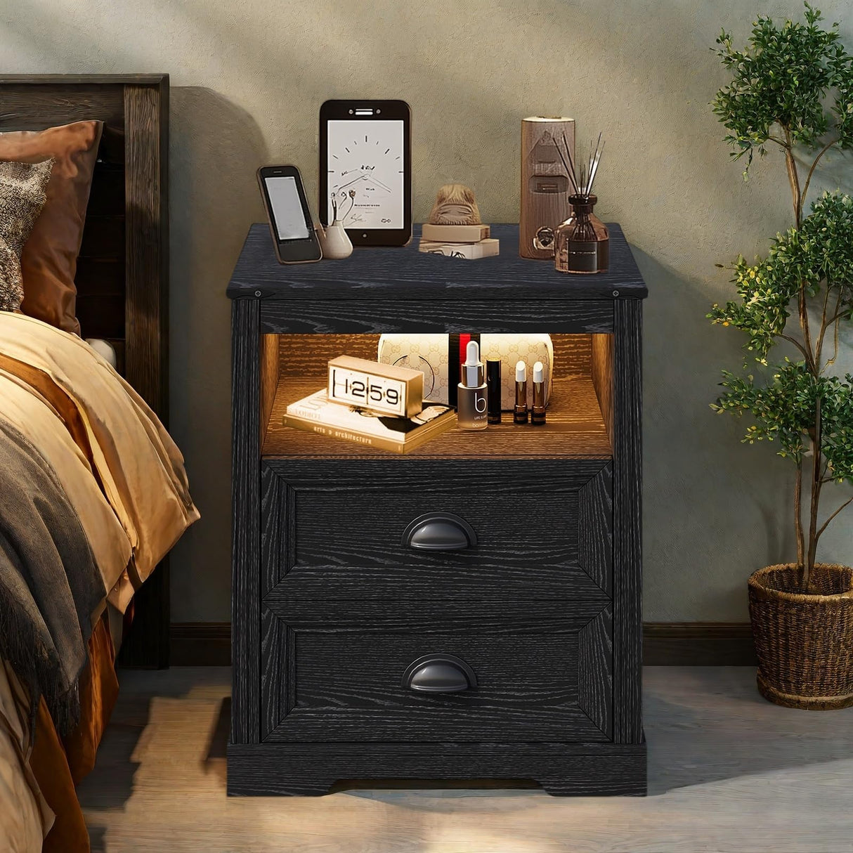 FONTOI Farmhouse Nightstand with Charging Station, End Table with Drawers, Bedside Table with 3 LED Lights Modes, Wood Nightstand with Smart Human Sensor for Bedroom, Black, Set of 2 FONTOI