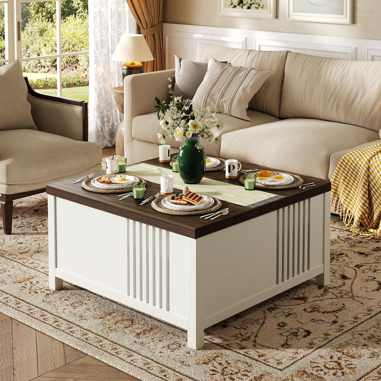 knoworld Farmhouse Lift Top Coffee Table with Storage, 35" Square Large Coffee Table with Hidden Compartment, Rustic Wood Center Table for Living Room, White knoworld