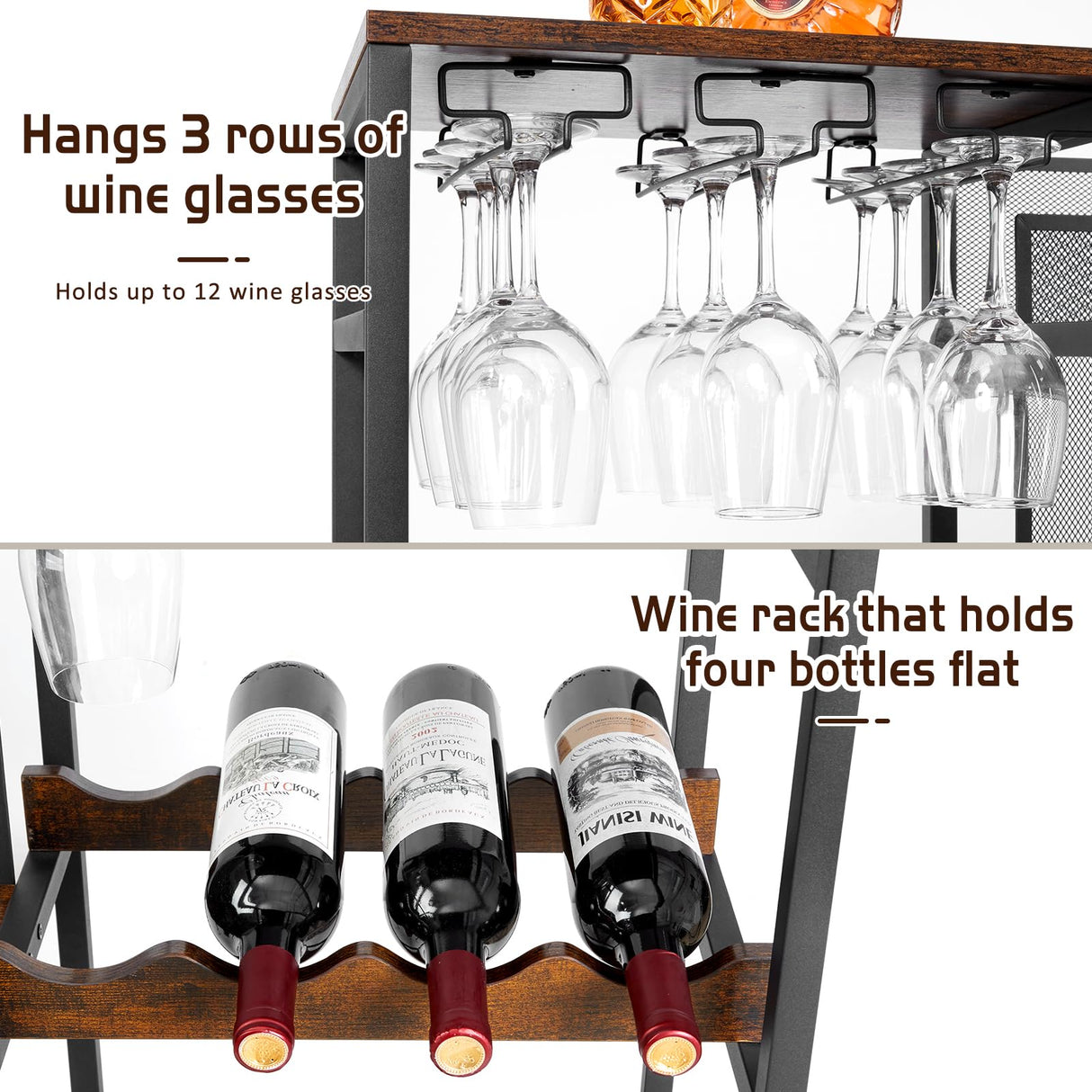 Versatile Liquor Stand for Home Bar, Wine Rack Freestanding Floor, Mini Bar Table for Liquor Whiskey Wine, 3-Tier Trapezoidal Liquor Bottle Display Shelf with Glass Holder and Fences(Patent Pending) Hayexiha