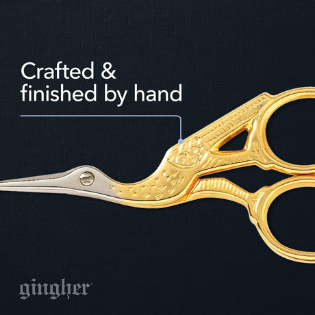 Gingher Stork Embroidery Scissors and Leather Sheath - 3.5" Craft Scissors for Fabric, Thread, and Needlework Yarn Cutting - Gold Fiskars