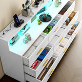 UNIQUITE White 9 Drawer Dressers for Bedroom, Modern Large Dresser with LED Light and Power Outlet, Wooden Long Dresser for Bedroom, Entryway, Living Room UNIQUITE