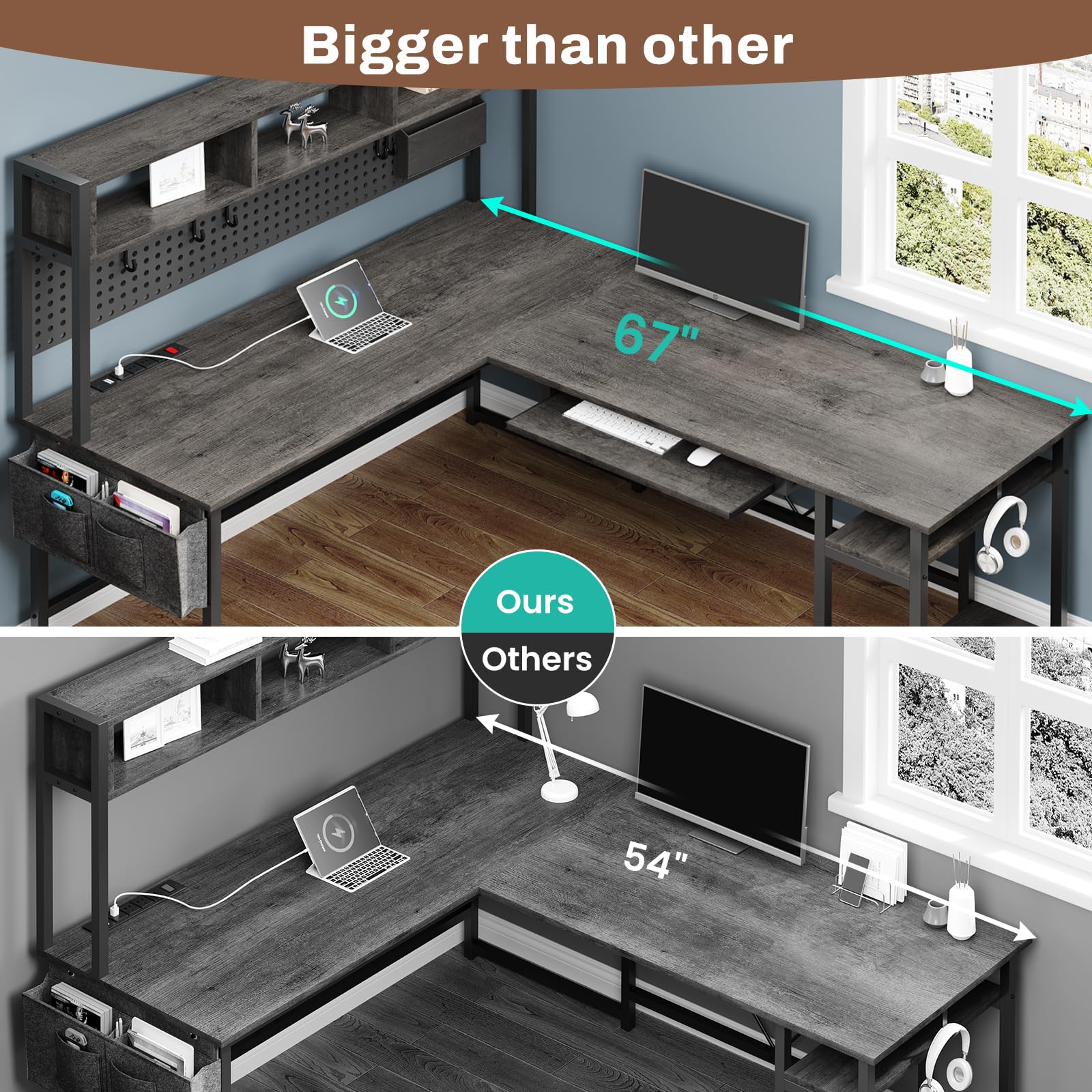 SEDETA L Shaped Desk, 94.5 Inch Home Office Desk with Power Outlet & Pegboard, L Shaped Gaming Desk with LED Light, Keyboard Tray, Storage Shelves and Headphone Hook for Home Office, Grey - WoodArtSupply