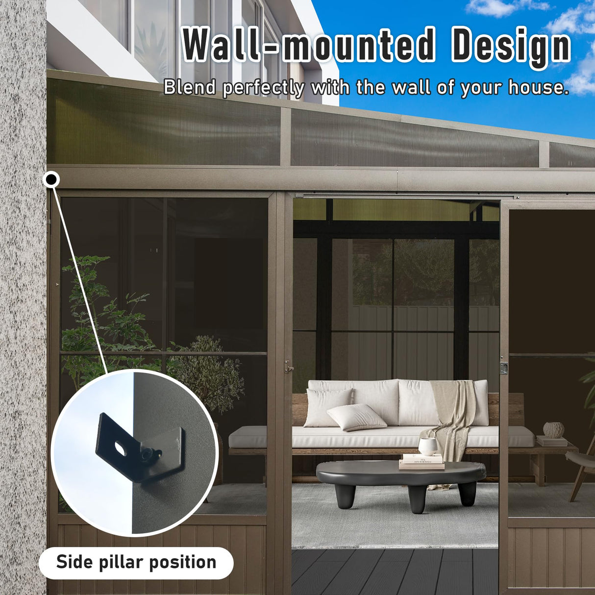 Domi Lean-to Sunroom 12x14FT, Wall Mounted Solarium with Galvanized Steel Sloping Roof, Moveable PVC Screen, Front Door&Side Sliding Door, Aluminum Gazebo Against Wall Sun Room for Patio Deck domi outdoor living