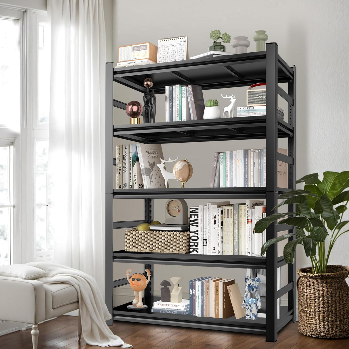 Book Shelf, Metal Bookshelves, Heavy Duty Steel Bookcases, Large Storage Capacity Adjustable Tall Industrial Bookshelf for Living Room, Bedroom and Library, Black (5-Tier With Fence 72''Hx36''Wx16''D) ErgoNova