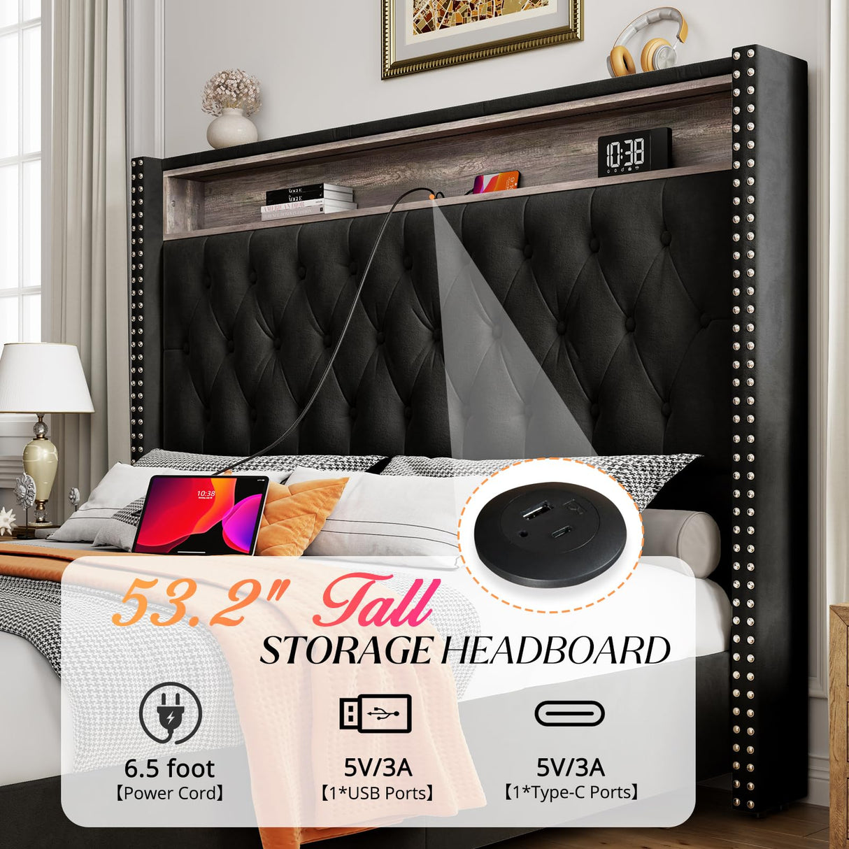 Jocisland LED Bed Frame with Velvet Upholstery and Charging Station, King Size Jocisland