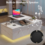 Lift Top Coffee Table, High Glossy Coffee Table with Wireless Charging and Speaker, Modern Coffee Table with 24 Colors LED Lights, Center Table with Drawer and Hidden Compartment for Living Room White PPorfamilia