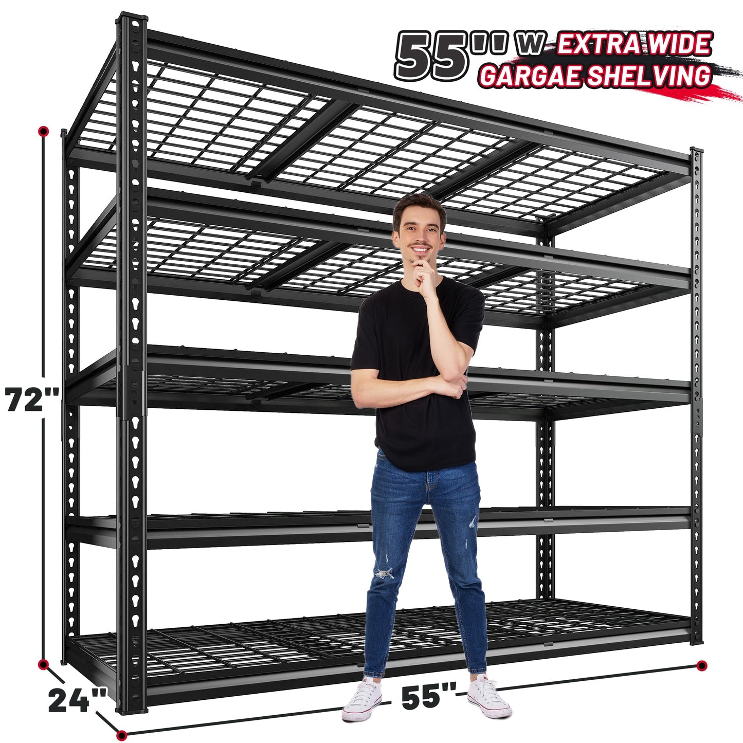 REIBII 55" W Garage Shelving 3000LBS Heavy Duty Storage Shelves 5 Tier Adjustable Metal Shelving Unit for Storage Rack Garage Storage Shelves Industrial Utility Shelf, 55" W x 24" D x 72" H