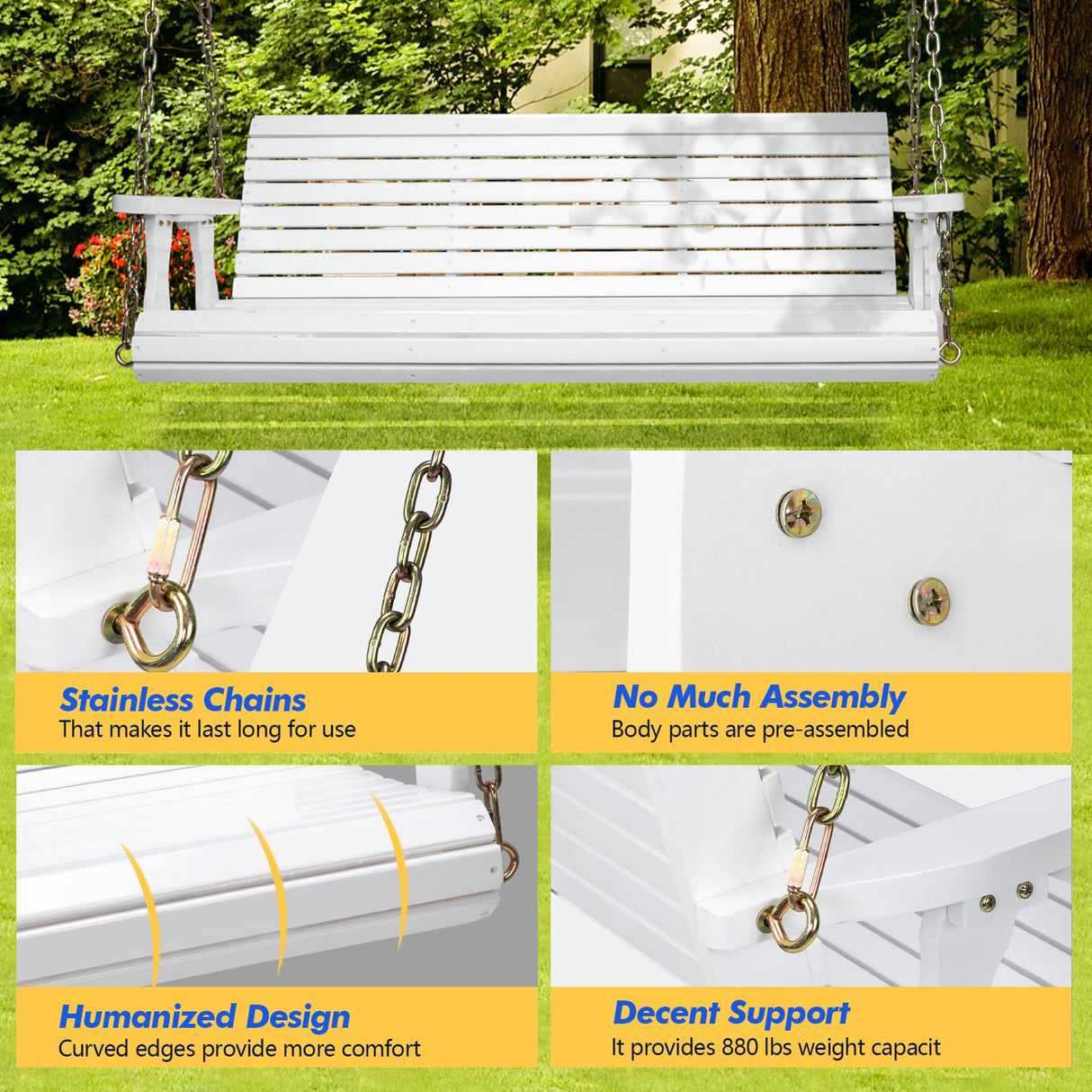 VINGLI Upgraded Patio Wooden Porch Swing for Courtyard & Garden, Heavy Duty 880 LBS Swing Chair Bench with Hanging Chains for Outdoors (5 FT, White) VINGLI