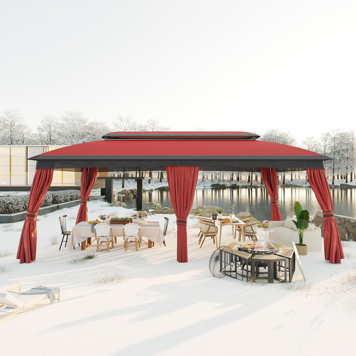 Gardenbee 10x20 ft Patio Gazebo, Double Tier Gazebo with Side Mesh Curtains, Patio Canopy with Metal Steel Frame Suitable for Lawn, Backyard and Party, Red Gardenbee