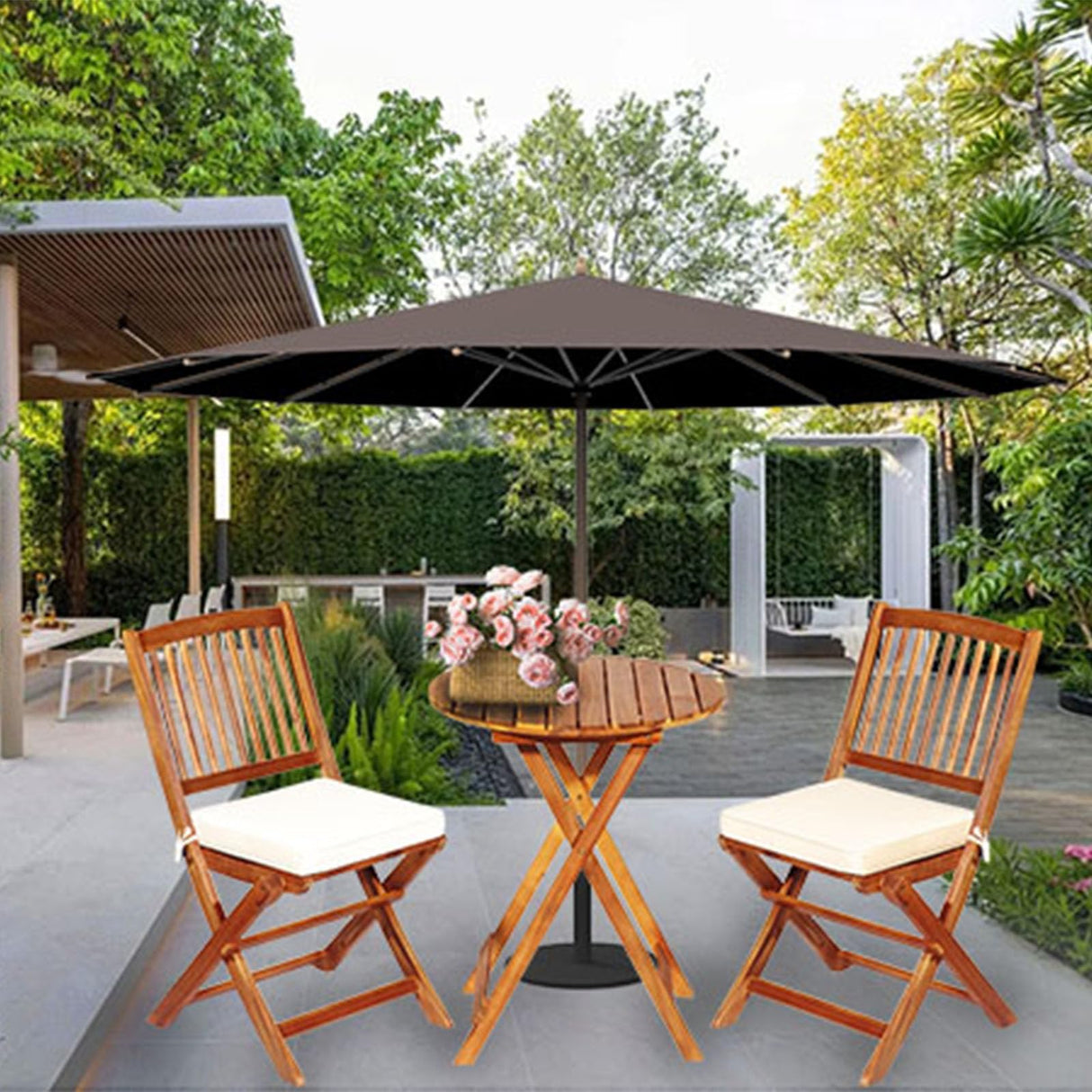 S AFSTAR Bistro Table and Chairs Set of 2, Acacia Wood Folding Bistro Set for 2 with Detachable Soft Cushions, 3 Piece Outdoor Bistro Set for Patio, Balcony, Pool, Garden & Yard (Natural Color) S AFSTAR