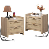 SICOTAS Rattan Nightstands Set of 2 Bedside Table - Bedroom Night Stand with Type-C Charging Station, 2 Drawers Storage - Boho Night Stands End Table for Bedroom Office - Light Oak SICOTAS