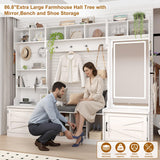chartustriable 86.6" Wide Extra Large Farmhouse Hall Tree with 3-Color LED Mirror, Entryway Bench with Bench and Shoe Storage, Shoe Shelves,Umbrella Holder, Mudroom Hallway Storage Cabinet chartustriable
