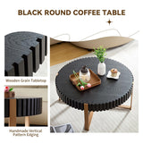LKTART 31.5'' Round Coffee Table Modern Solid Wood Handcraft Drum Wooden Felief Coffee Table Stainless Steel Legs Sturdy Pedestal Tea Table for Living Room Apartment Small Space,Black LKTART