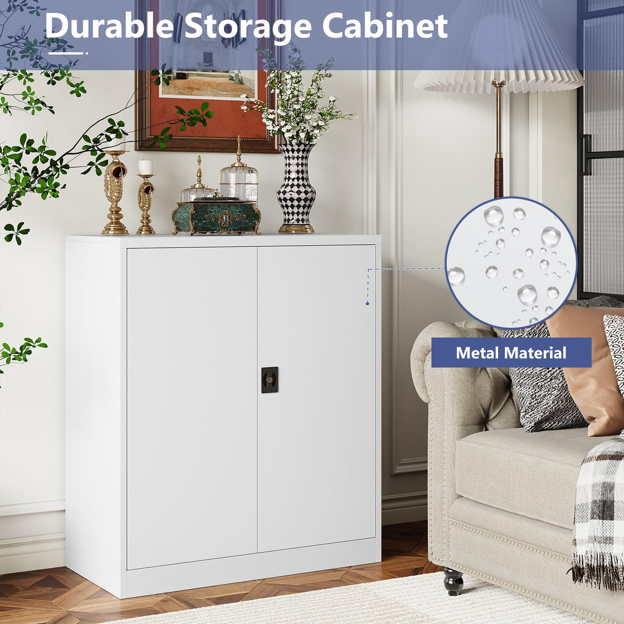 LISSIMO Metal Cabinet,Lockable Storage Cabinet with 2 Doors and 2 Adjustable Shelves,Tool Cabinets for Garage,Home Office,Basement,School,Hospital Assembly Required(White) LISSIMO