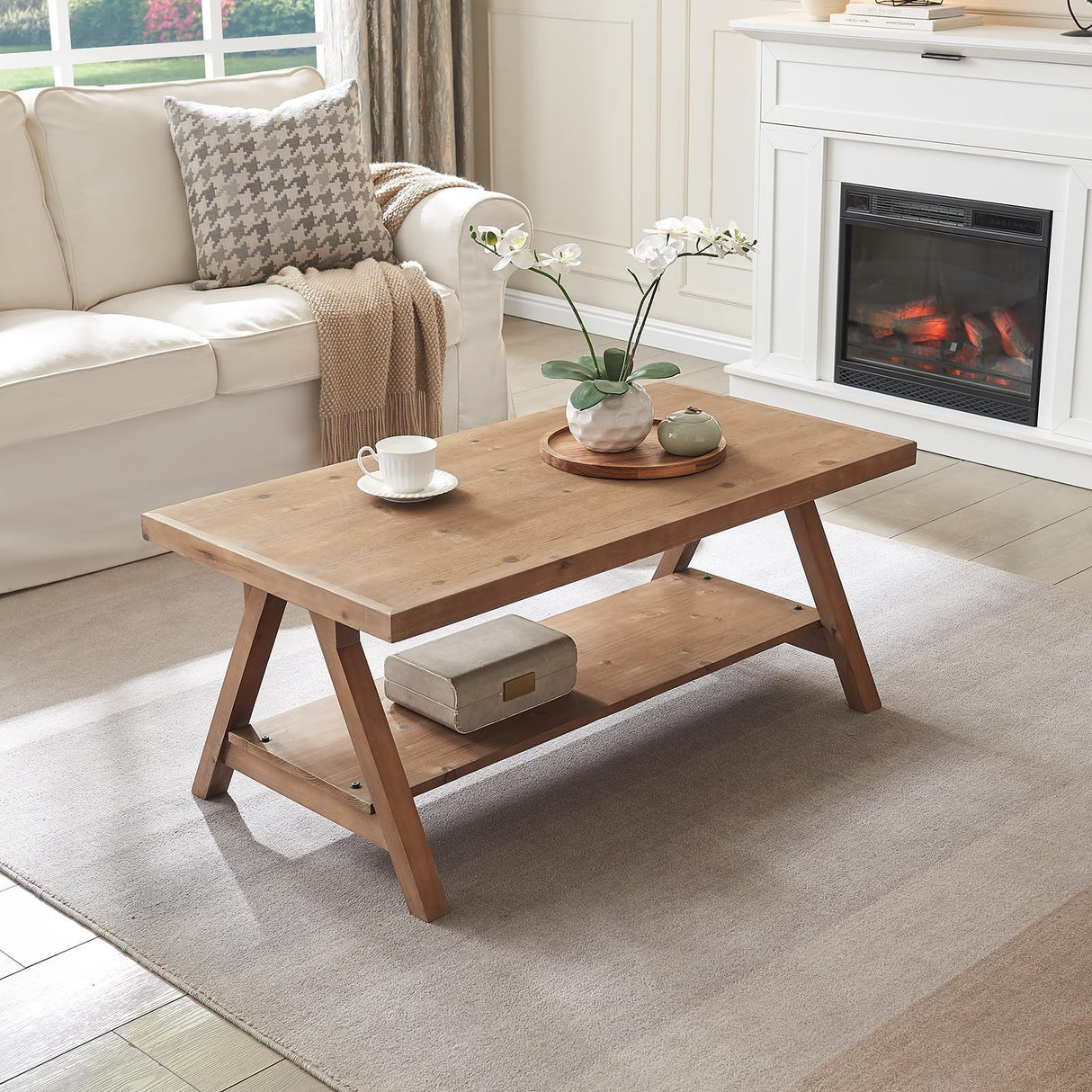 Farmhouse Coffee Table,Solid Wood Center Tables with Storage Shelves & Sturdy A-Shaped Legs, Modern Rustic 2-Tier Rectangular Table for Living Room and Office, Natural WINWY