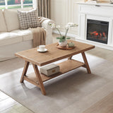 Farmhouse Coffee Table,Solid Wood Center Tables with Storage Shelves & Sturdy A-Shaped Legs, Modern Rustic 2-Tier Rectangular Table for Living Room and Office, Natural WINWY