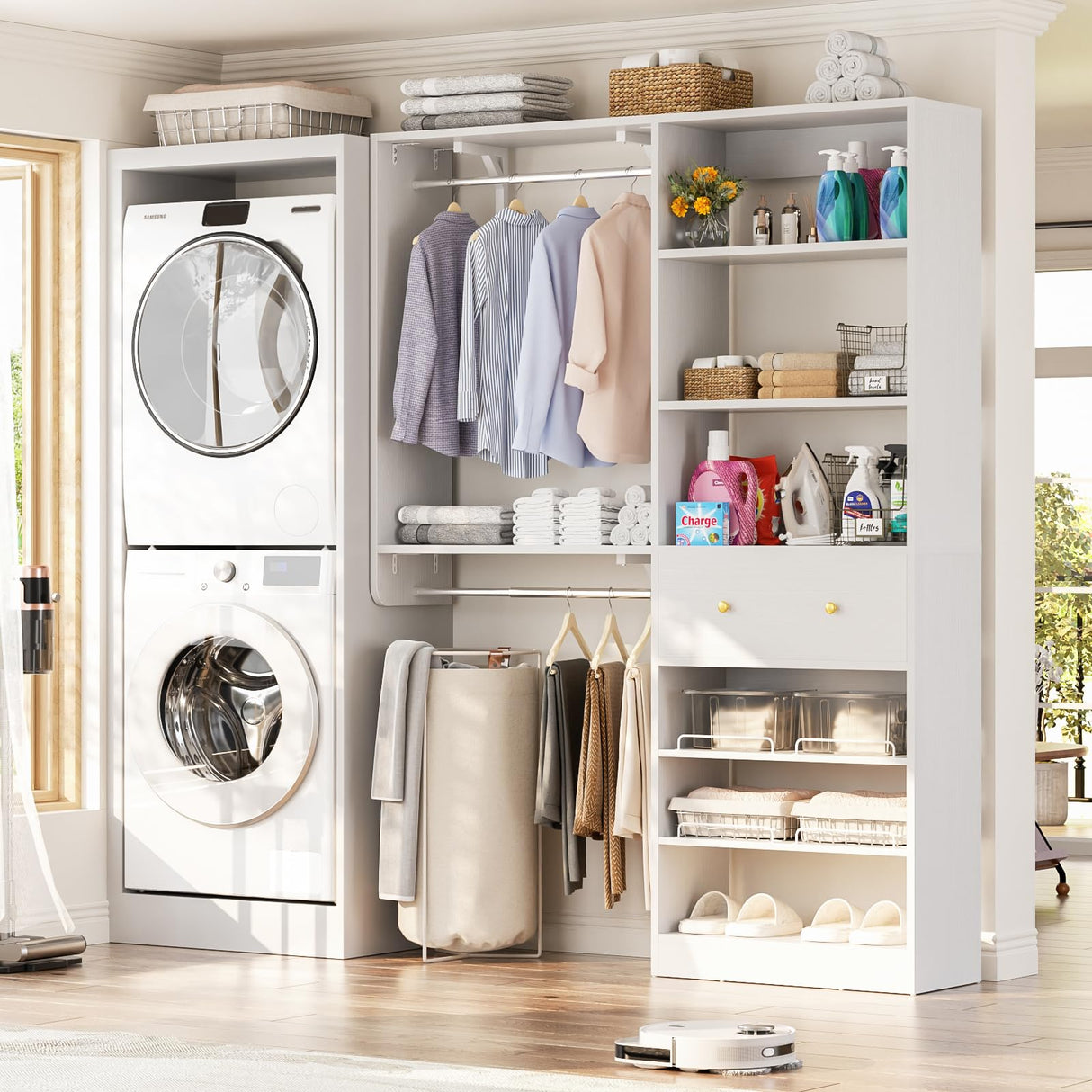 [10 FT Closet System] Reversible Set of 2 Wood Closet Organizer System with 2 Drawers, 4 Hanging Rods Adjustable Shelf, Walk In Closet Organizers with Shoe Rack, Garment Rack Clothes Rack, White Besiost