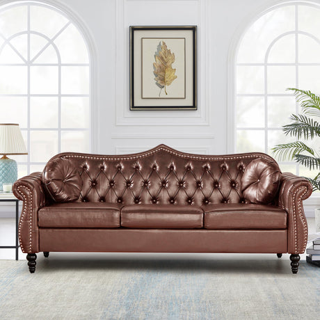 AVZEAR 82" Three Seater Sofa, Chesterfield Sofa, Mid-Century Modern PU Upholstered Sofa, Deep Button Tufted Living Room Sofa with Two Throw Pillows, Brown AVZEAR